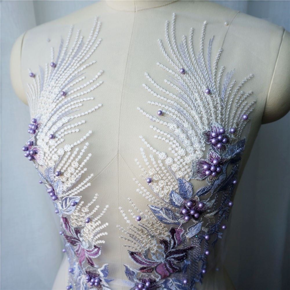 Miếng Vải Ren Thêu Hoa Màu Tím Đính Hạt May Cổ Áo Cưới diy