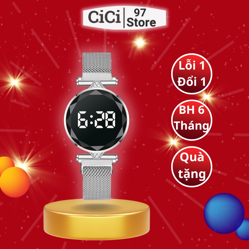 Đồng hồ nữ điện tử mặt tròn màn hình LED cảm ứng , dây thép lưới khóa cài nam châm kiểu dáng sang trọng