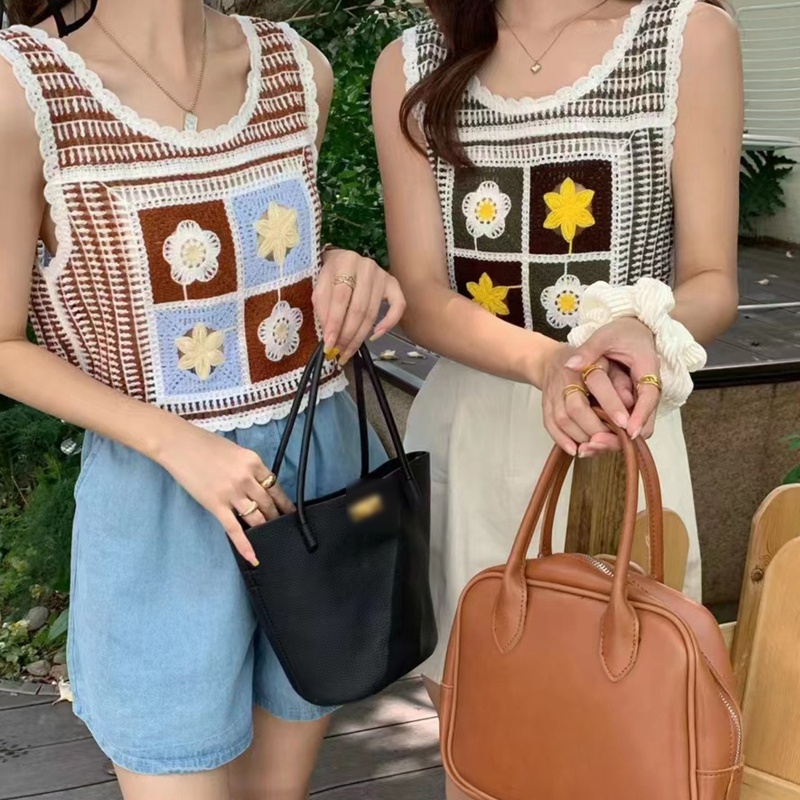 Áo Croptop Dệt Kim Sát Nách Thêu Họa Tiết Hoa Màu Sắc Tương Phản Thời Trang Mùa Hè Cho Nữ