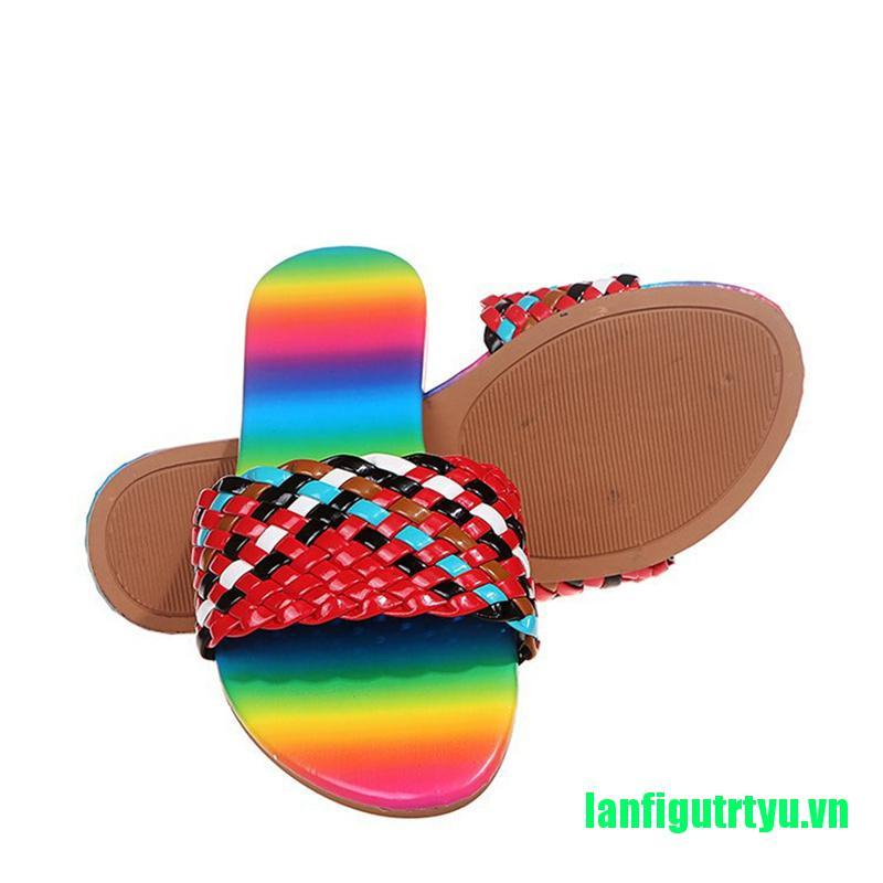 <trtyu>Women Multicolor Slippers Weave Flat Open Toe Slides Outside Beach Shoes