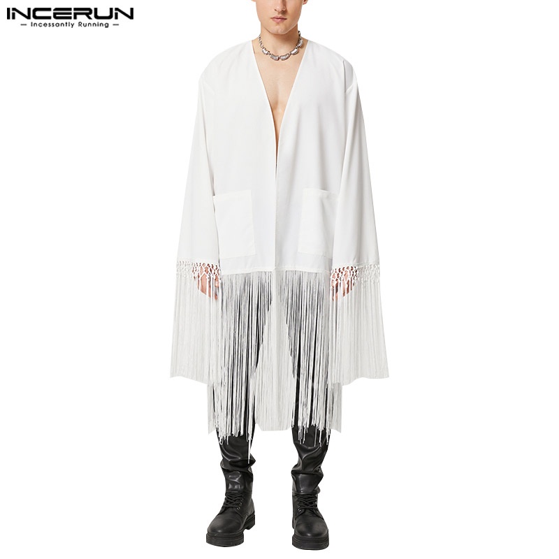 Incerun Áo Khoác Cardigan Dài Tay Dáng Rộng Viền Tua Rua Kiểu Kimono Hippie Cho Nam