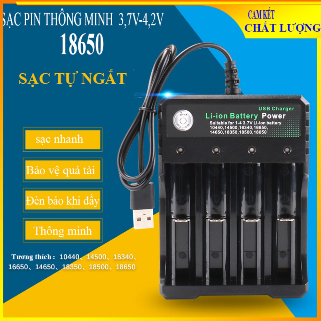 Sạc Pin 18650 - 04U Tự ngắt và có đèn báo khi đầy BMAX 4 Khe cao cấp dùng cho pin 18650 - BH-042100-04U