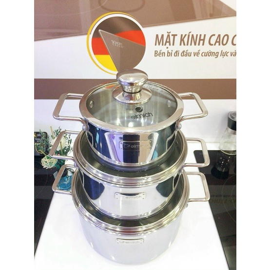Bộ nồi Inox 3 lớp đáy liền Elmich Trimax classic 2105OL size 16,20,24cm