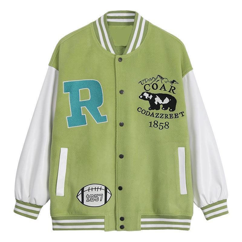 Áo khoác bomber varsity jacket nam nữ xanh lá tay da in hình bò sữa hàng QC
