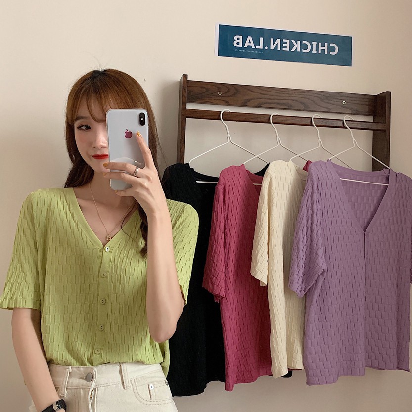 Áo Dệt Kim Tay Ngắn Cổ Chữ V Dáng Rộng Phong Cách Thời Trang Hàn Quốc Dành Cho Nữ | BigBuy360 - bigbuy360.vn