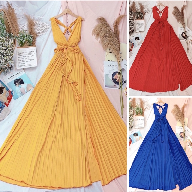 Đầm Maxi Đi Biển, Váy Maxi Dập Ly V66666, Chất Thun Lụa Co Dãn, Mầu Đỏ, Cho Dáng Dài Miên Man Và Những Shot Ảnh Để Đời