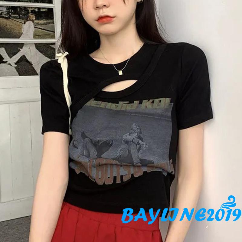 Áo Thun Lửng Tay Ngắn Cổ Tròn In Họa Tiết Chữ Cá Tính Dành Cho Nữ