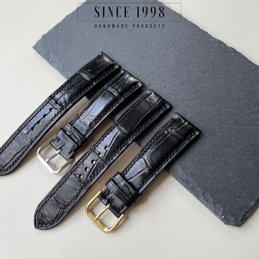 Dây Đồng Hồ Da Cá Sấu Nam 20mm 22mm, Da Thật, Handmade, Chống Nước, Chính Hãng, Màu Đen, Bảo Hành 12 Tháng