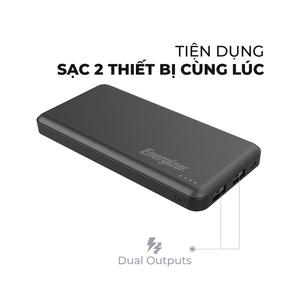 Sạc dự phòng Energizer 10000mAh UE1005x -Thiết kế gọn nhẹ, tích hợp 2 cổng ouputs tiện lợi - Hàng chính hãng