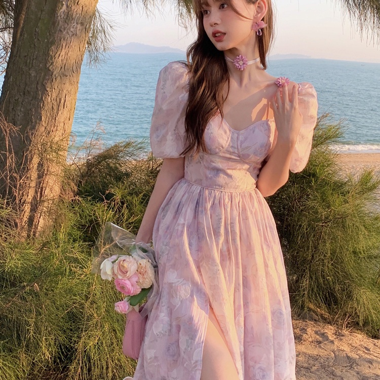 💥Đầm Dài Hai Dây Xẻ Tà Họa Tiết Hoa Phong Cách Công Chúa Kiểu Pháp Thời Trang Mùa Hè Mới đầm dự tiệc