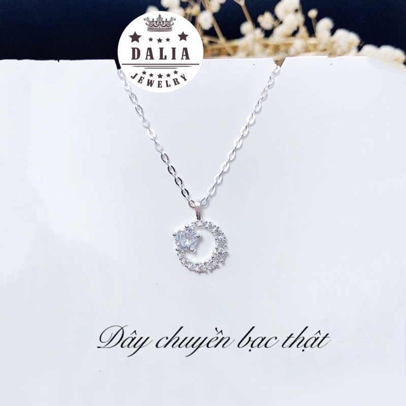 Dây chuyền bạc nữ thật DaLiA Jewelry dây chuyền mặt đính đá viền tròn vòng cổ basic cá tính