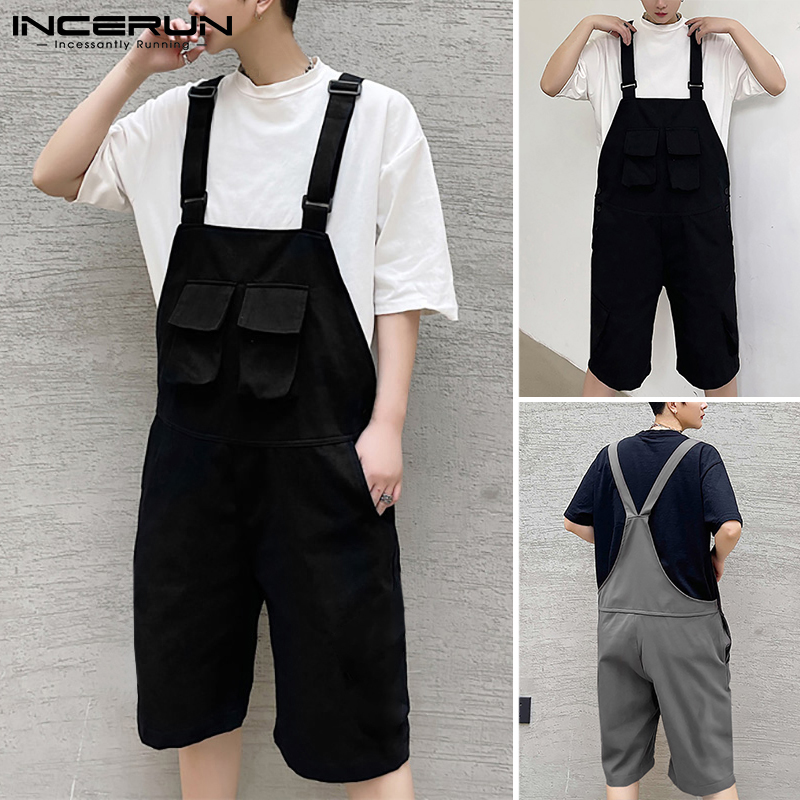 INCERUN Men's Casual Suspender Solid Color Loose Short Jumpsuit