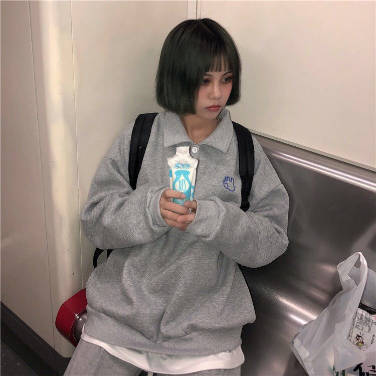 Set áo nỉ tay bồng cổ polo con voi kèm quần ống rộng/ Bộ nỉ nữ form rộng unisex mặc thu đông trẻ trung_kudoshop | BigBuy360 - bigbuy360.vn