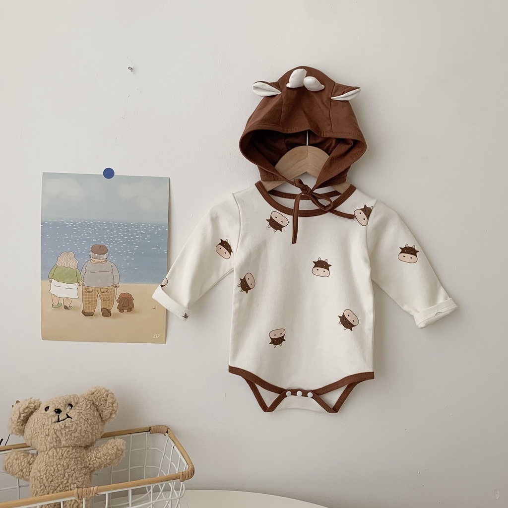 Bộ áo liền quần tay dài chất liệu cotton kèm mũ dễ thương thời trang mùa thu cho bé sơ sinh