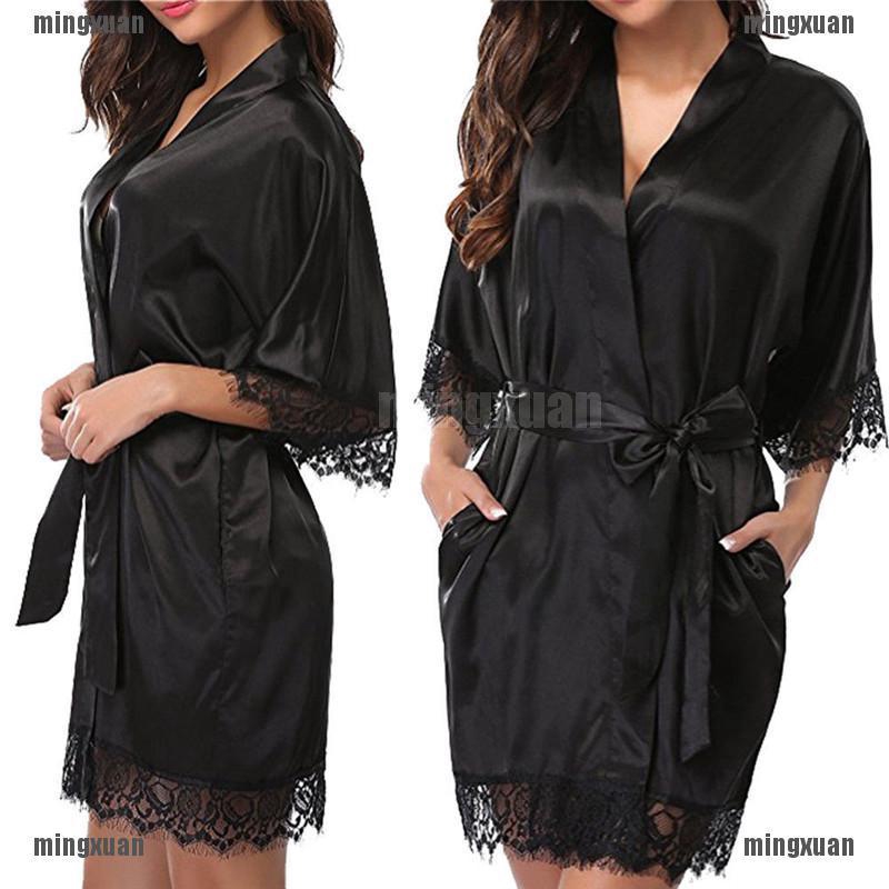Áo Choàng Ngủ Dài Chất Phi Bóng Thiết Kế Phối Ren Hoa Quyến Rũ | BigBuy360 - bigbuy360.vn