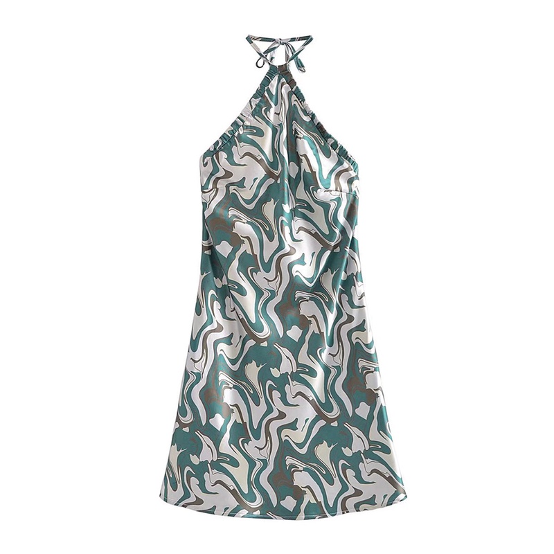 Sale Đầm cổ yếm xanh hoạ tiết vân đá trắng lưng trần sang chảnh, BUY. NOW