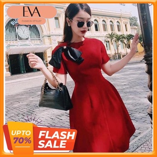 Váy Nhung Đỏ Cài Nơ Ngực, Tay Bồng Ngắn, Đầm Dự Tiệc SANG TRỌNG