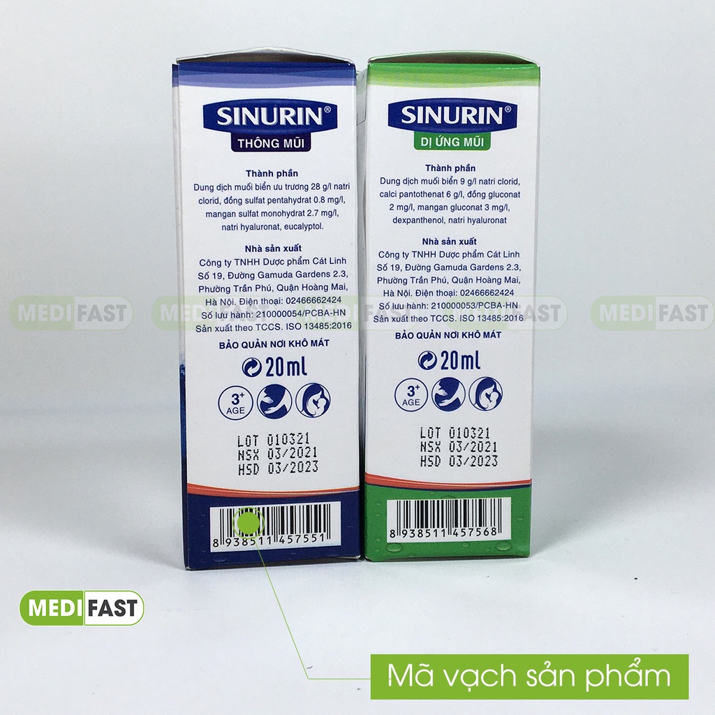 Xịt thông mũi Sinurin chai 20ml giảm ngạt mũi xoang, dị ứng thời tiết của dược Cát Linh từ muối biển ưu trương