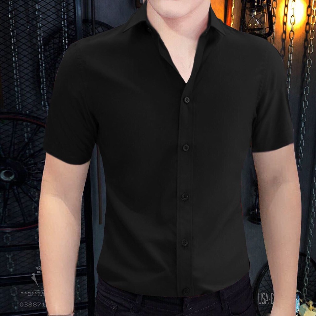 Áo Sơ Mi Nam Đen Ngắn Tay Chất Cotton Co Dãn Mềm Mại Không Nhăn Không Xù Dáng Ôm Mặc Thoải Mái Bao Kiểm Tra Chất Lượng