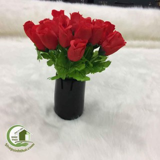 Cành hoa hồng giả - hoa vải lụa màu đỏ