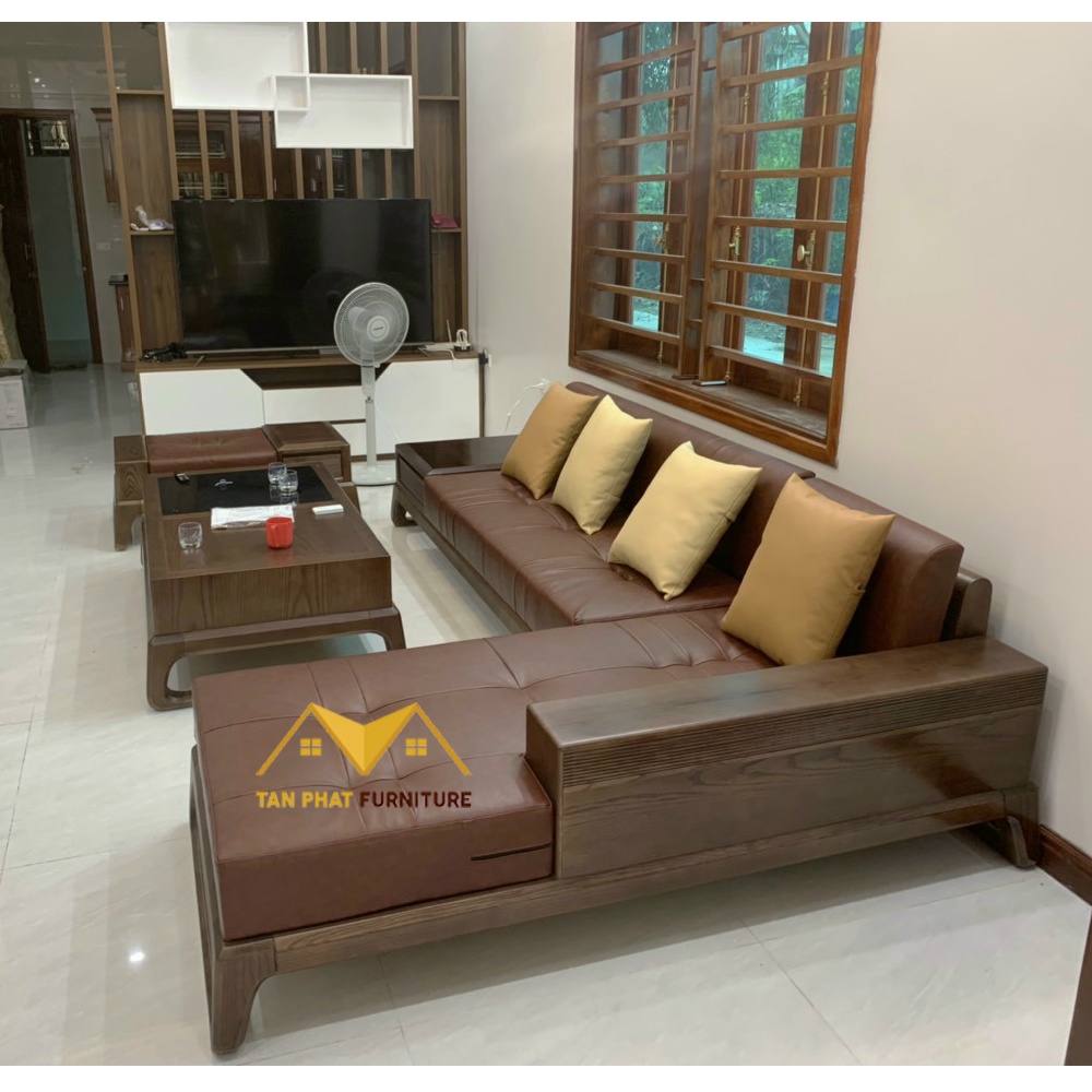 Bộ sofa gỗ, bàn ghế phòng khách gỗ sồi Nga dáng chữ L chân quỳ Tặng kèm bộ đệm cao cấp dày 10 phân, bảo hành 24 tháng