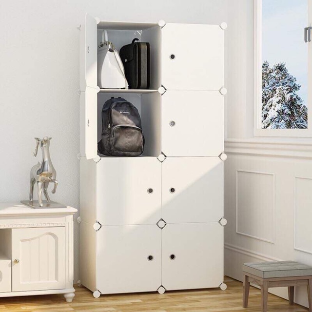 🍀TỦ NHỰA QUẦN ÁO LẮP GHÉP 8 Ô SÂU 47cm. Tặng kèm 1 treo đồ. Thân trắng toàn bộ.
