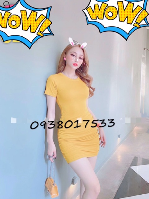 Đầm body nhún sườn,đầm cổ tròn nhún siêu xinh