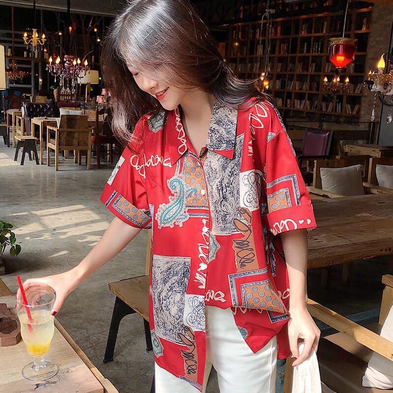 Áo SƠ MI NỮ form rộng in 3D cổ bẻ tay ngắn - lỡ dáng ulzzang freesize unisex mặc cặp, nhóm, HÌNH THỔ CẨM màu đỏ tươi | BigBuy360 - bigbuy360.vn