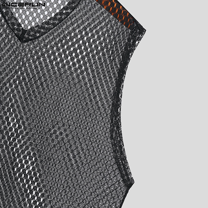 Áo thun ba lỗ INCERUN cổ chữ V màu đen phối lỗ thời trang dành cho nam