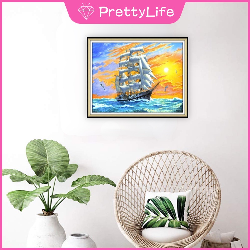 Bộ Tranh Đính Đá 5D Tự Làm 50X40Cm Hình Thuyền Buồm Trang Trí Nhà Cửa