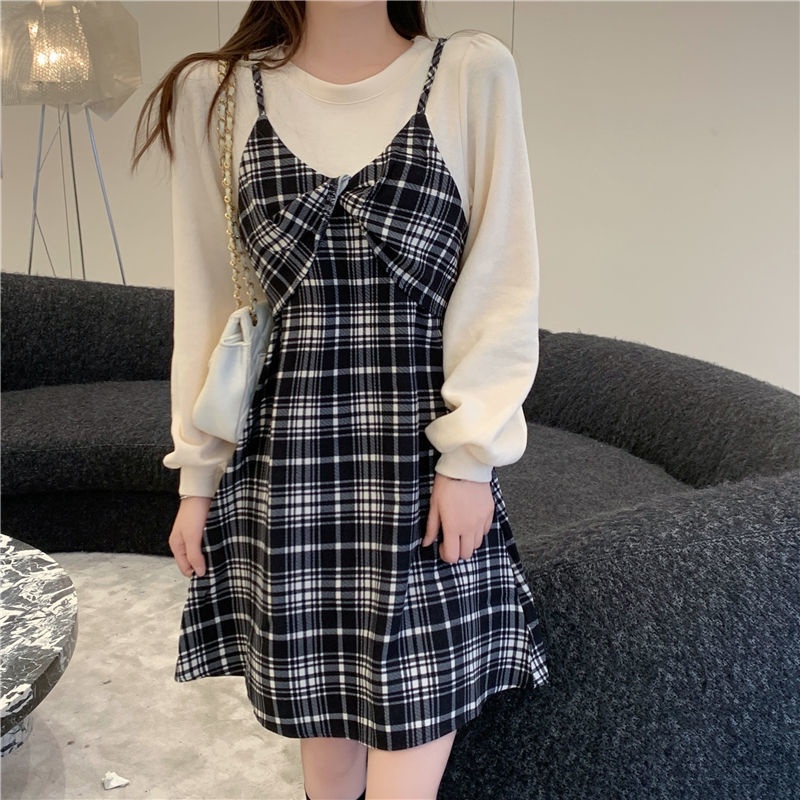 Đầm Tay Phồng Giả Hai Lớp Họa Tiết Sọc Caro Thời Trang Mùa Thu Cho Nữ