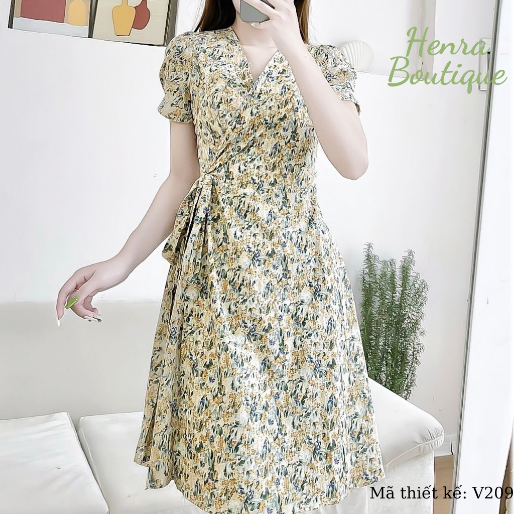 Đầm hoa nhí V199 Henra, kiểu dáng midi, thanh lịch, tôn dáng, tôn da