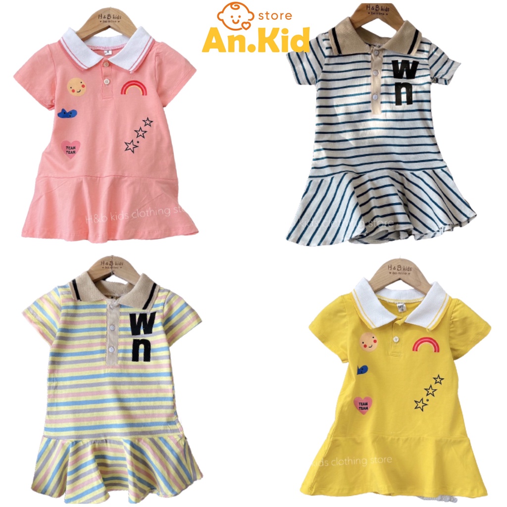 Váy POLO Tay Ngắn Bé Gái 10-20kg Chất Cotton Kẻ Ngang Hình Thêu, Đầm Đuôi Cá Cho Bé Mặc Đi Học - AN.KID
