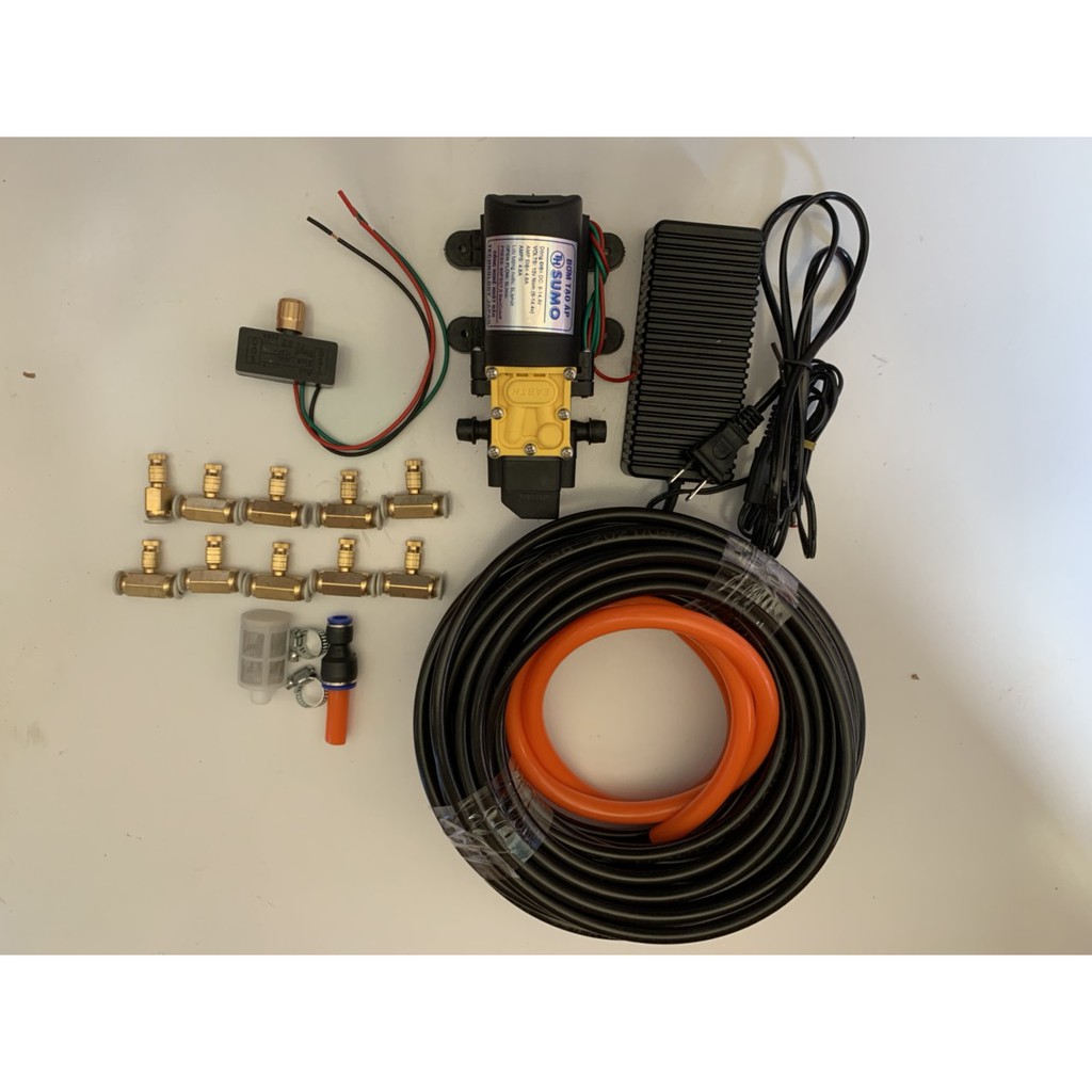 bơm tưới lan. phun sương bộ bơm sumo Đen kèm ng,uồn 12v_5a. 15m dây phun. 10 béc đồng , bộ sumo đen kèm chiếc áp