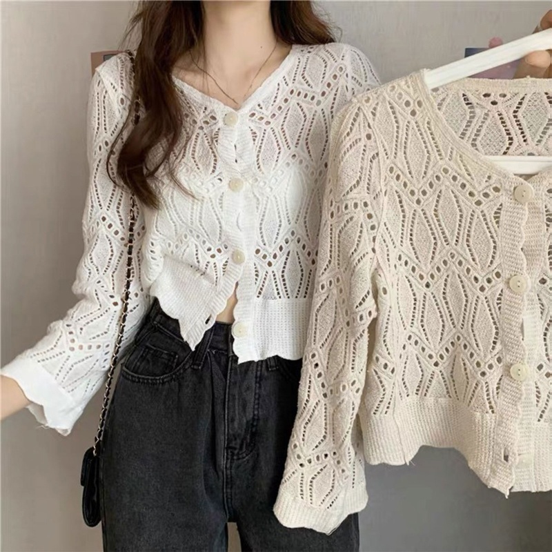 Áo Khoác Cardigan Dệt Kim Mỏng Tay Loe Dài Họa Tiết Kẻ Sọc Gợn Sóng Thời Trang Cho Nữ