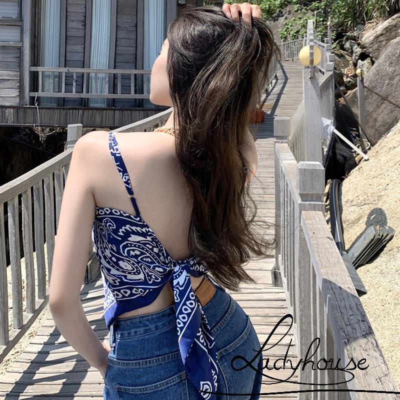 Áo Tank Top Hai Dây Hở Lưng In Họa Tiết Thời Trang Mùa Hè Màu Đen / Xanh Dương Cho Nữ