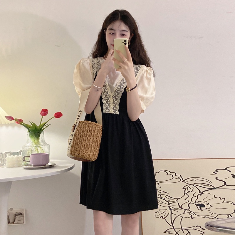 Đầm Tay Phồng Cổ Chữ V Phối Ren Giả Hai Lớp Phong Cách Hàn Quốc Thời Trang Mới