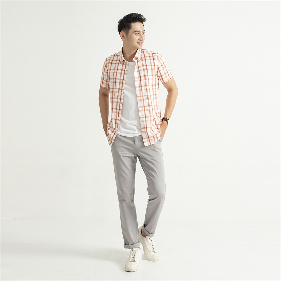 Áo sơ mi nam ngắn tay ARISTINO phom Slim fit, họa tiết kẻ ca rô cam nâu , chất liệu Modal thoáng mát - ASS238S9