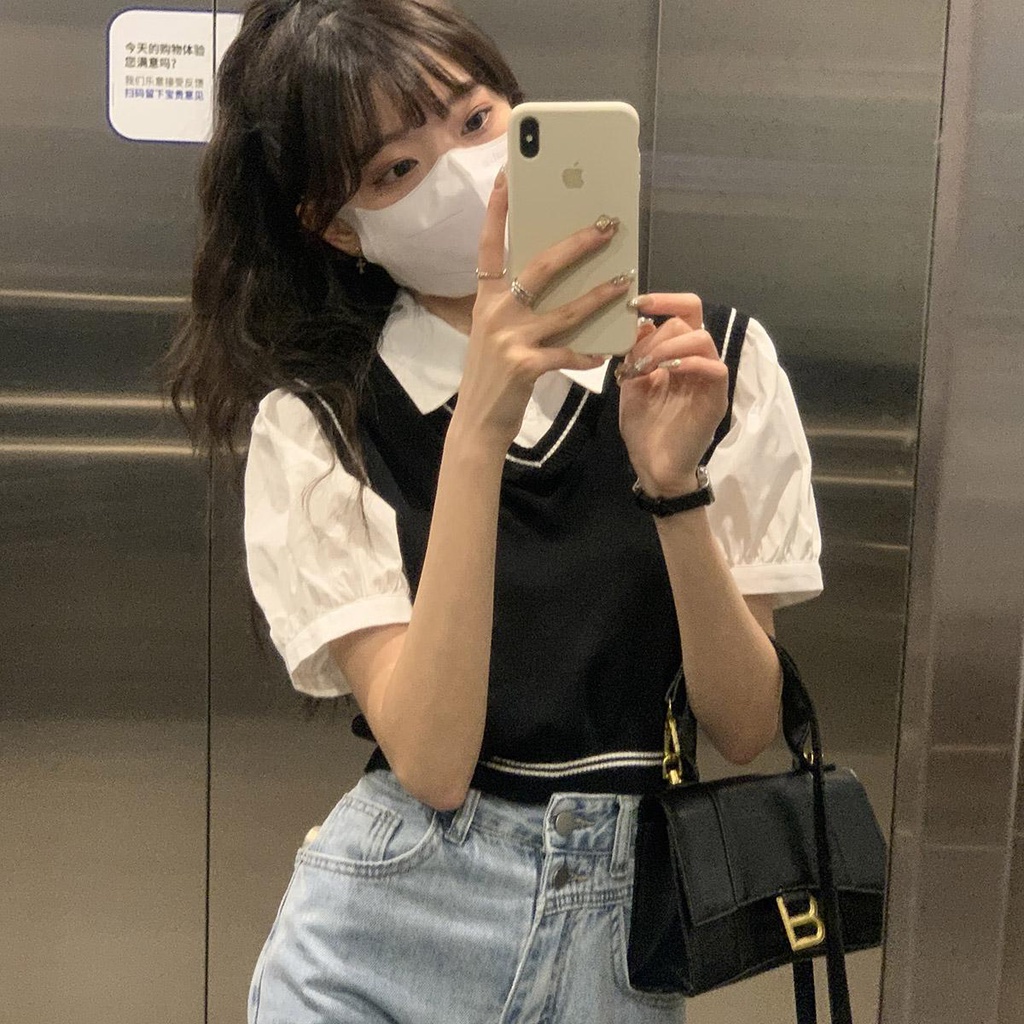 Áo Thun polo Ngắn Tay Giả Hai Lớp Phong Cách Preppy Phong Cách Mới Cho Nữ