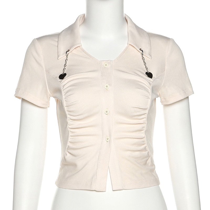 Áo Thun Ngắn Tay Phối Nút Và Dây Xích Thời Trang Cho Nữ