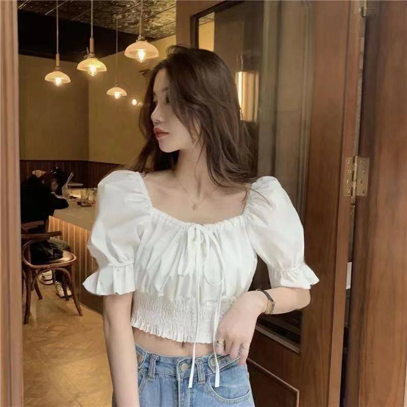 Áo crop top tay phồng kiểu dáng thời trang mùa hè phong cách Hàn Quốc 2022