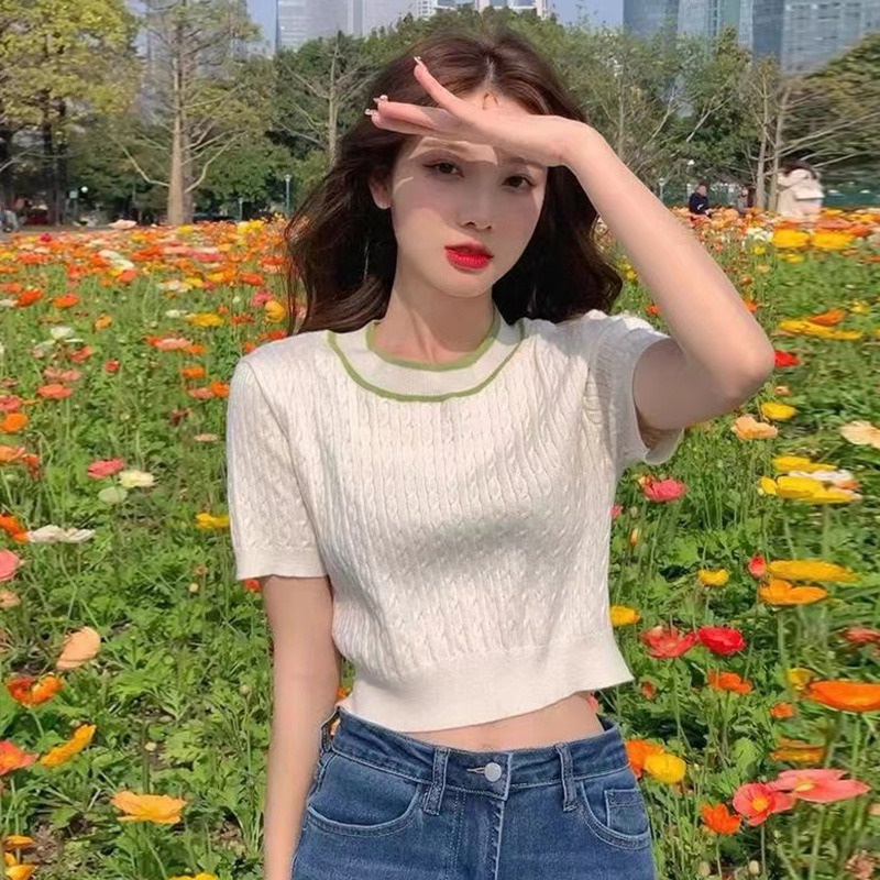 Áo Croptop Dệt Kim Tay Ngắn Cổ Tròn Màu Sắc Tương Phản Phong Cách Hàn Quốc Thời Trang Cho Nữ