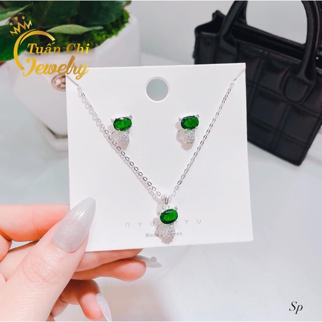 [𝑯𝑨̀𝑵𝑮 𝑴𝑶̛́𝑰 𝑽𝑬̂̀] Bộ Trang Sức Bạc Hình Mèo Cực Dễ Thương, Đá Đủ Màu