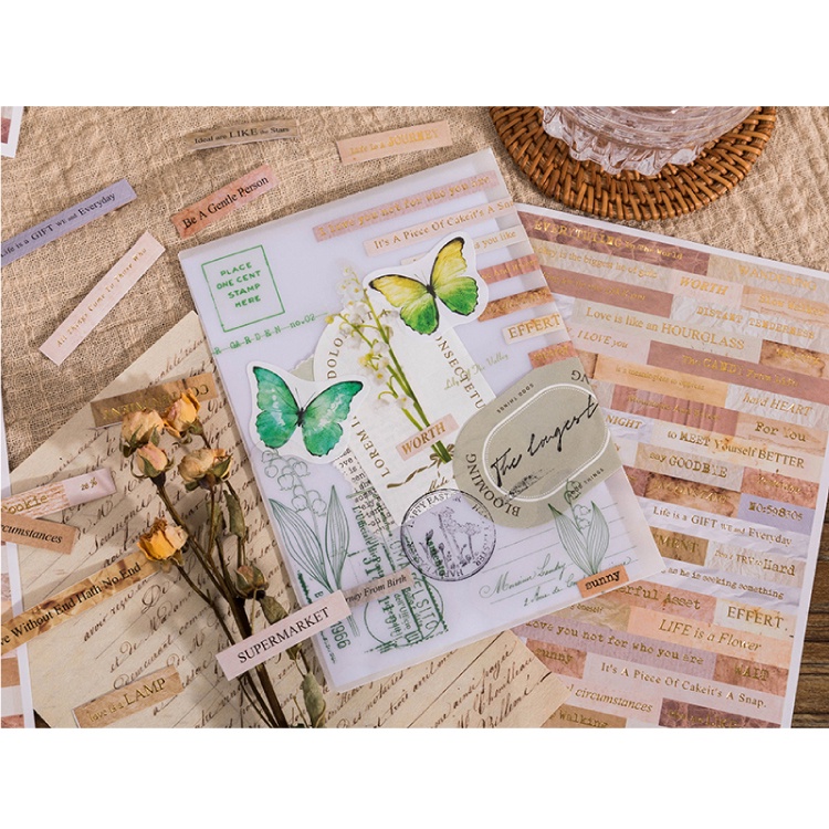 Flowertree Bộ 4 Sticker Dán Trang Trí Sổ Tay Hình Chữ Tiếng Anh Kiểu Vintage