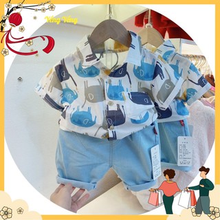 SBT73 - SET BÉ TRAI ÁO SƠ MI VOI XANH + QUẦN BÒ