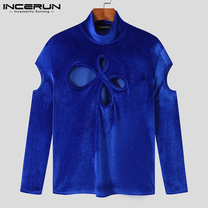 Áo nam INCERUN tay dài cổ cao dáng ôm vải nhung khoét lỗ thời trang gợi cảm