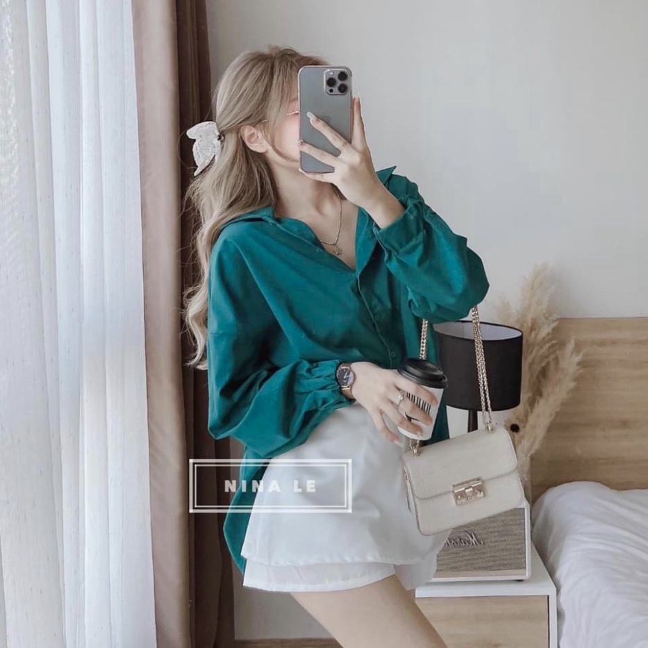 Set sơ mi xanh thụng quần giả váy sét bộ nữ sang chảnh LT516 0322