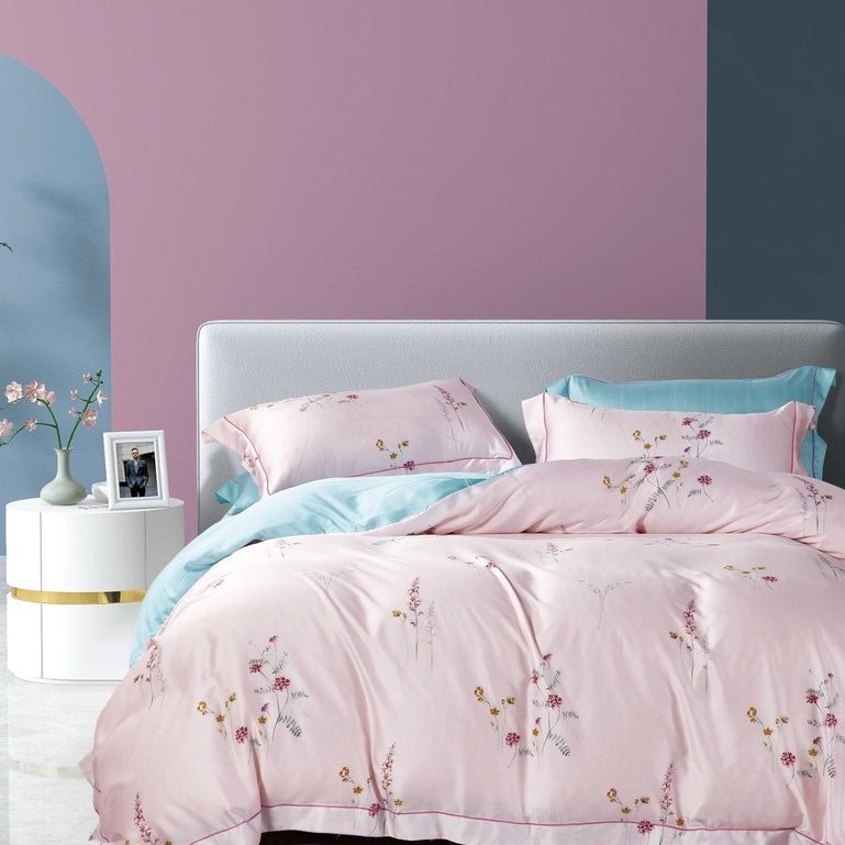 Sét chăn ga gối lụa Tencel 40s , Bộ 5 món ga gối mền cao cấp họa tiết sang trọng thanh lịch
