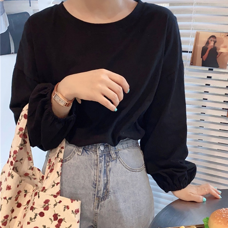 SUXI Áo Sơ Mi Tay Dài Phồng Cổ Tròn Màu Trơn Đơn Giản Thời Trang Mùa Thu Mới Dành Cho Nữ