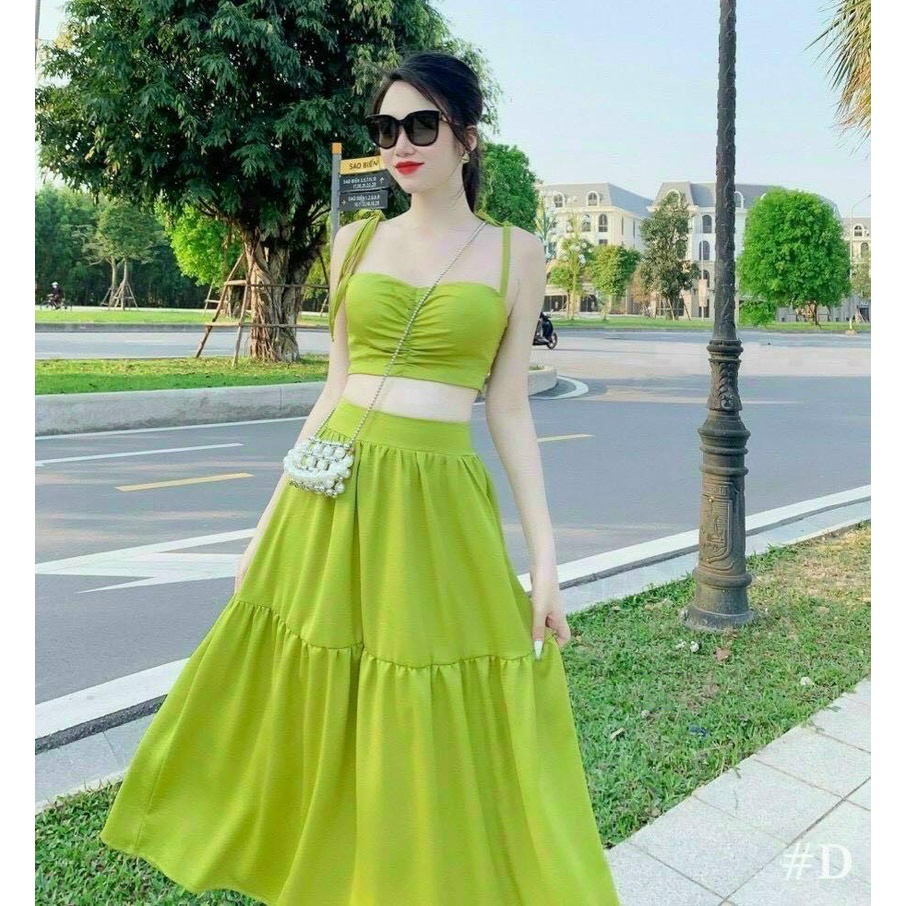 Sét Đồ Bộ Nữ Chật Liệu Đũi Áo 2 Dây Nhún Ngực ( Có Mút Ngực ) &amp; Chân Váy Dáng Xoè ( Có Lót Trong ) Thiết Kế Sang Chảnh A